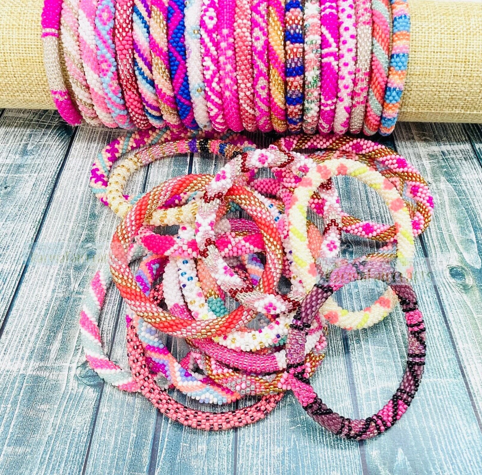 6 PCs Nepal Beaded Bracelets Pink Theme Wholesale Seed Beads Roll over Bracelet