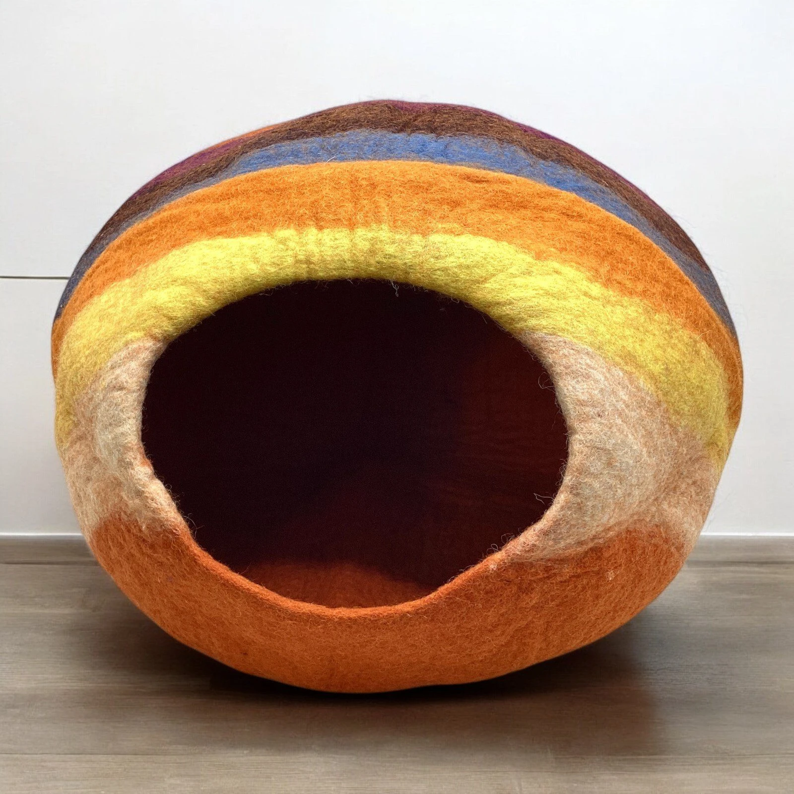 Rainbow Felted Wool Cat Cave Bed – LG Handmade Cozy Pet House for Kittens & Cats