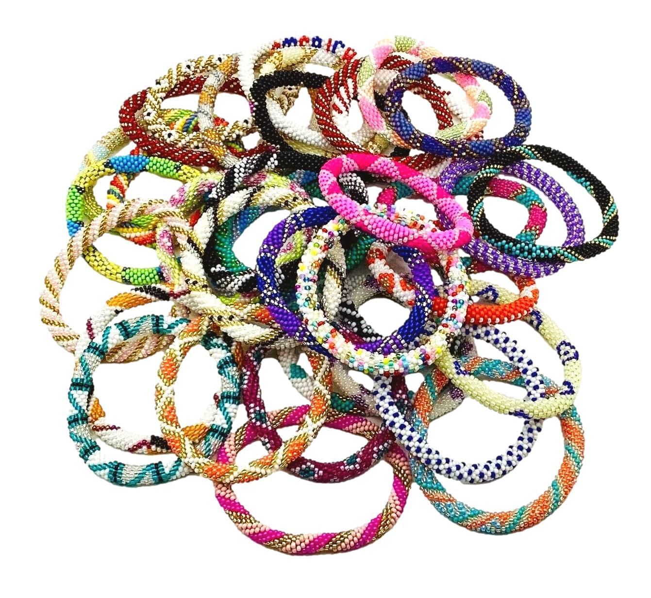 Wholesale Nepal Bracelets Glass Beaded Bangles. Bulk Random Colors Mixed.